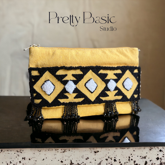 Beaded yellow Hand Tufted clutch