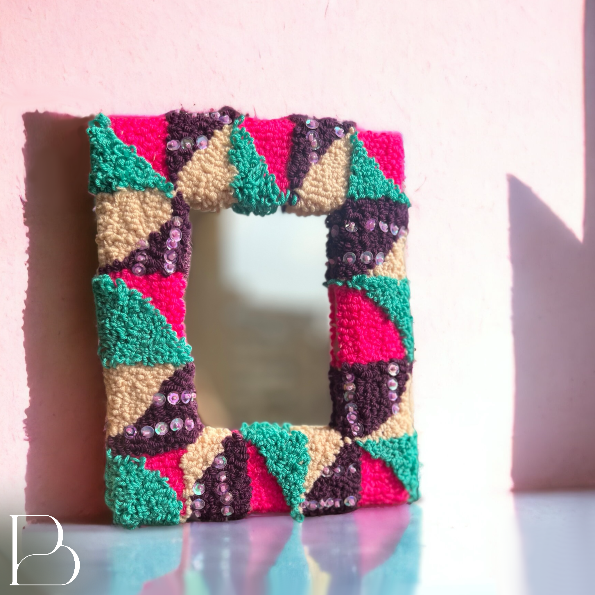 Beaded triangles hand tufted mirror