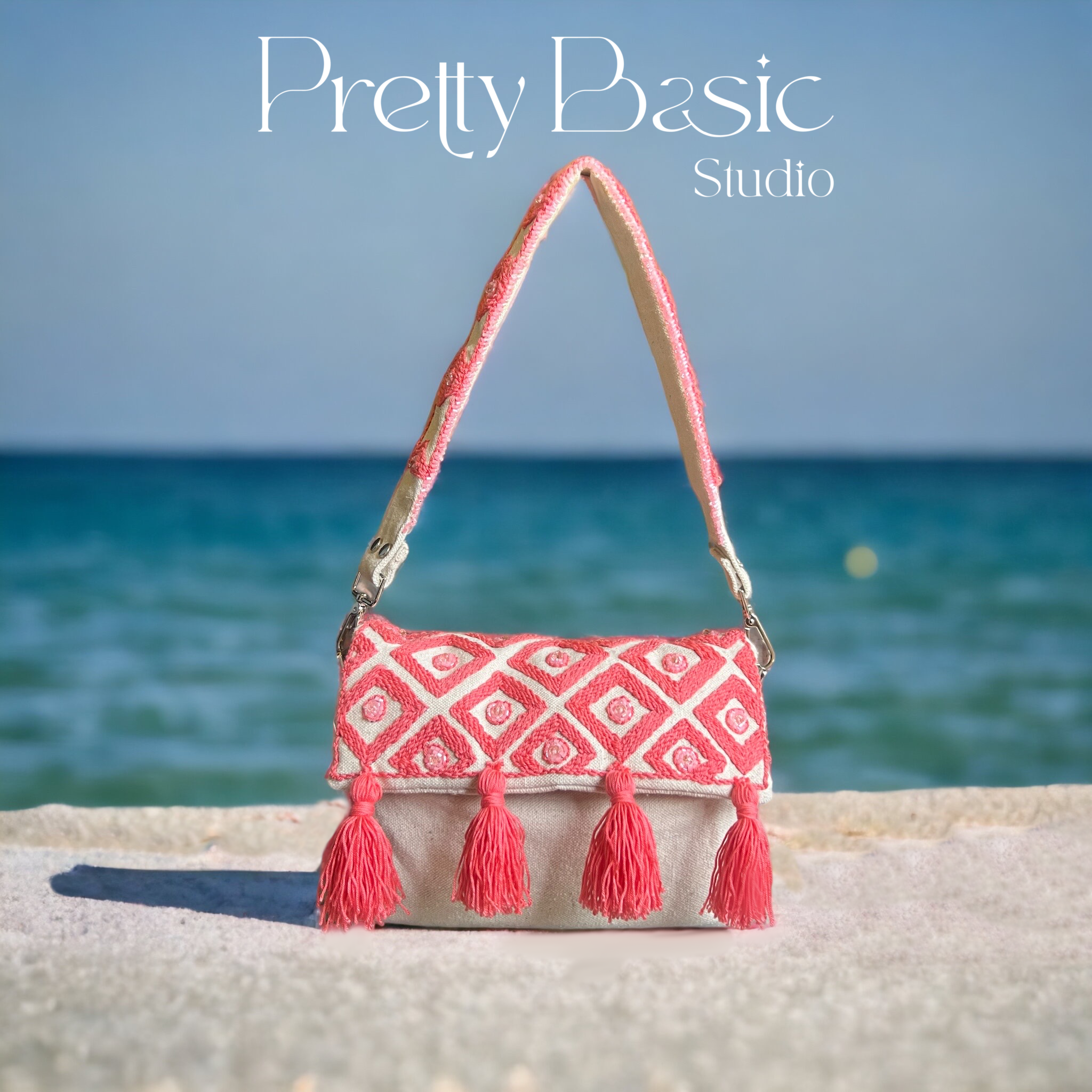 Beaded summer hand tufted handbag