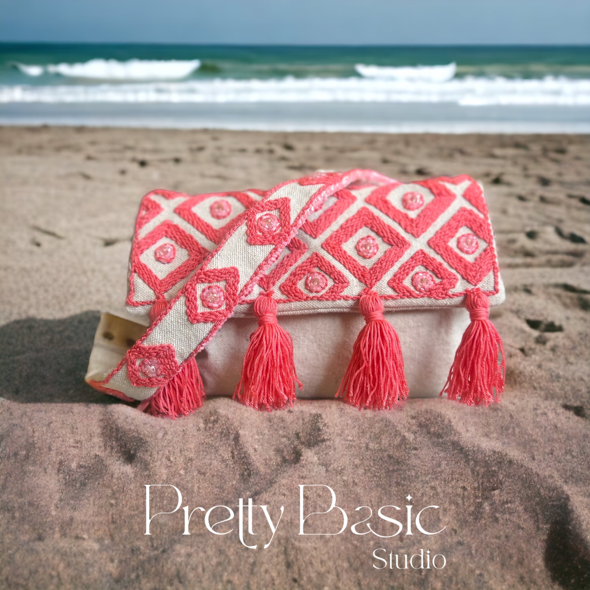 Beaded summer hand tufted handbag