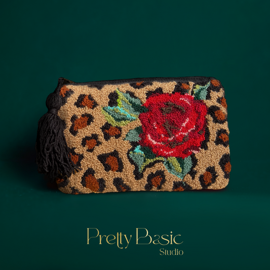 Rose & Leopard hand tufted clutch