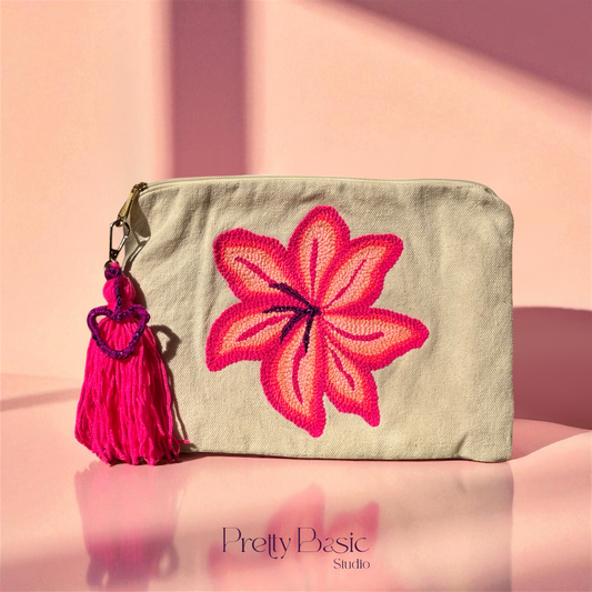 Pink Hibiscus hand tufted clutch
