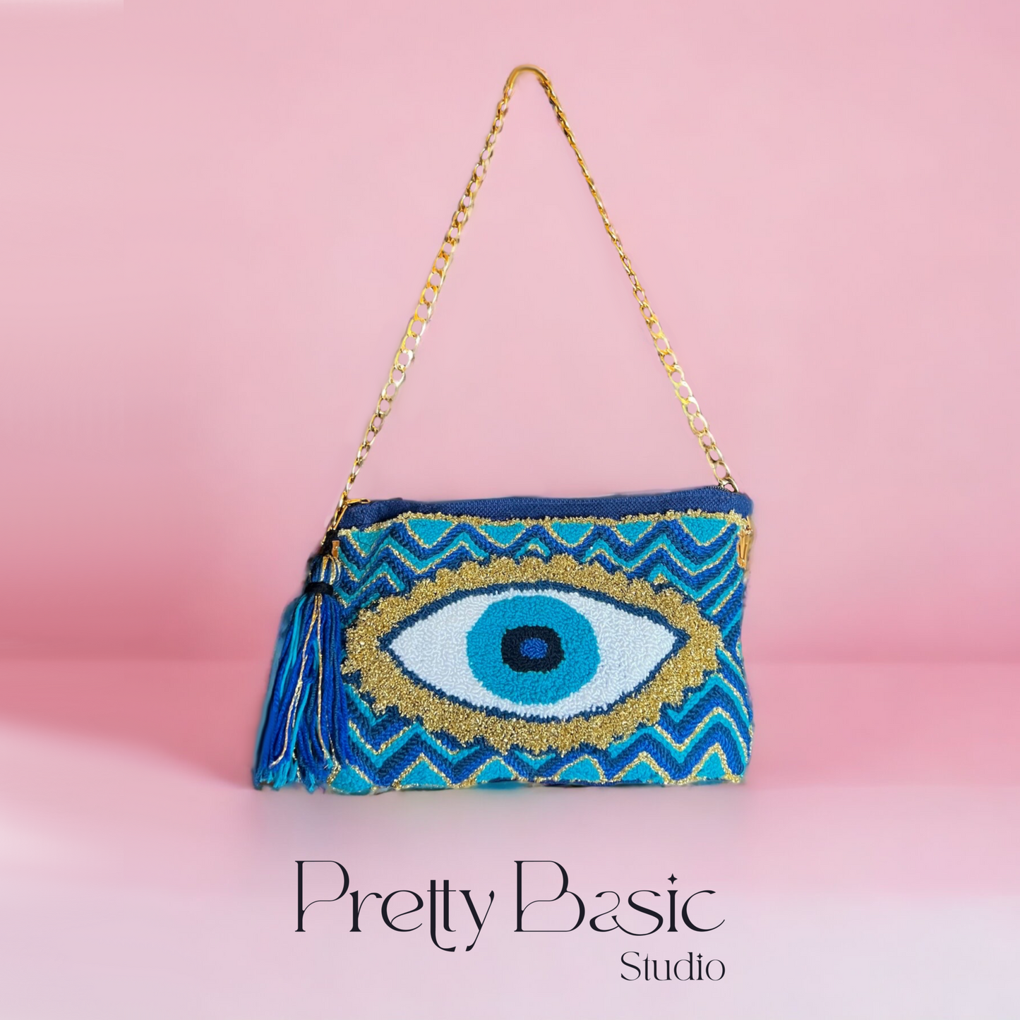 Blue and Gold Evil Eye Hand Tufted shoulder Bag