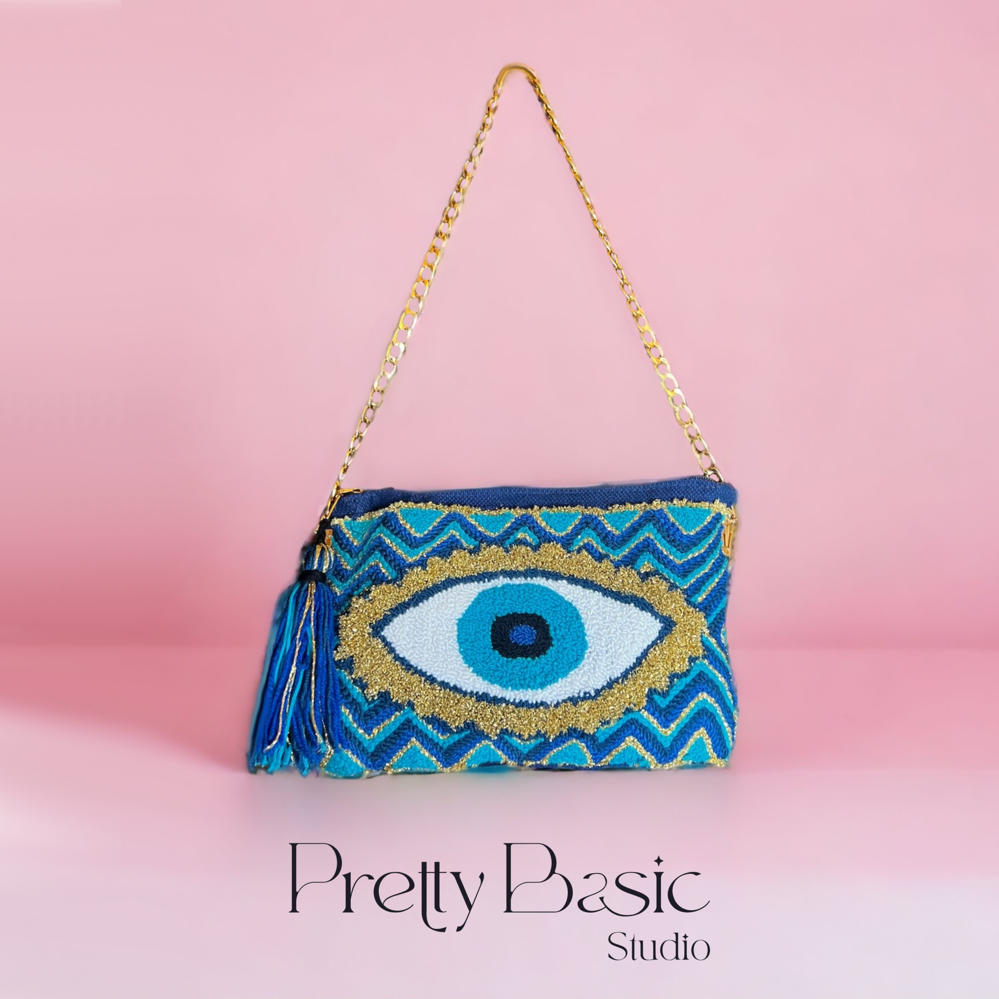 Blue and Gold Evil Eye Hand Tufted shoulder Bag