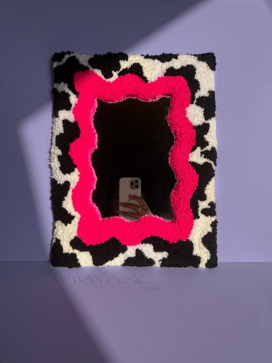 Hot pink cow pattern hand-tufted mirror