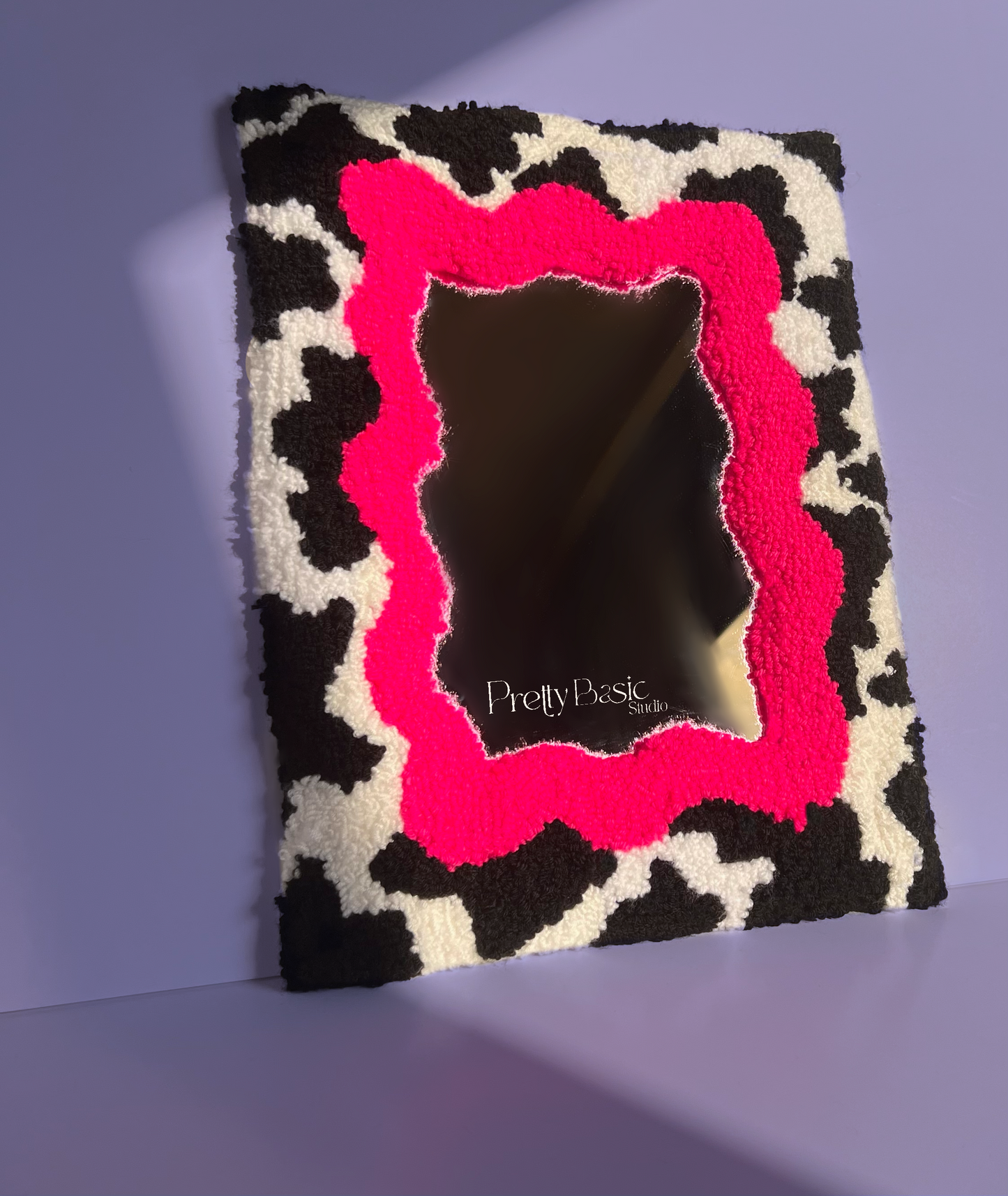 Hot pink cow pattern hand-tufted mirror