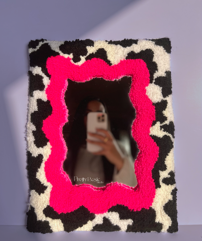 Hot pink cow pattern hand-tufted mirror